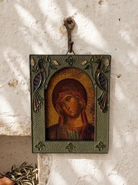 Icon of the Virgin Mary, Mother of God in Metal Cloisonné Peacock Enamel Frame